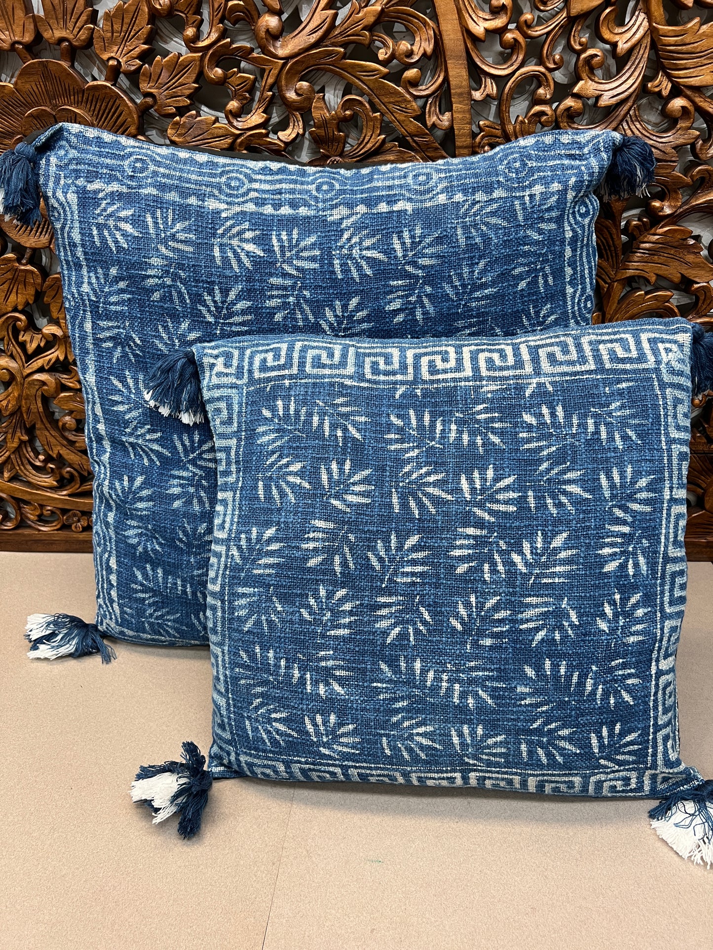 Natural Indigo Block Print Throw Pillows | Square