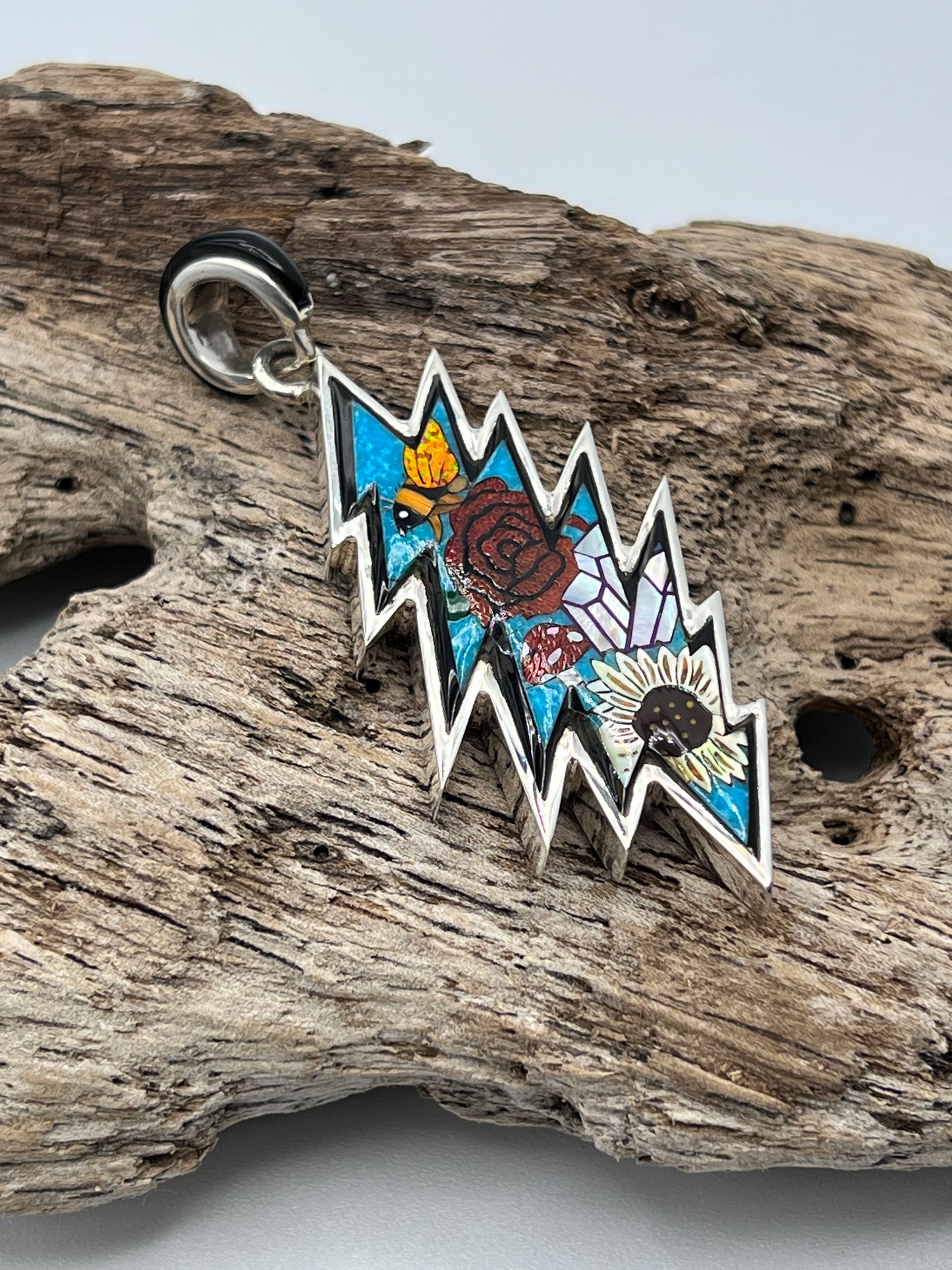 Rare Inlaid Gemstone Bolt Nature Pendant by David Freeland