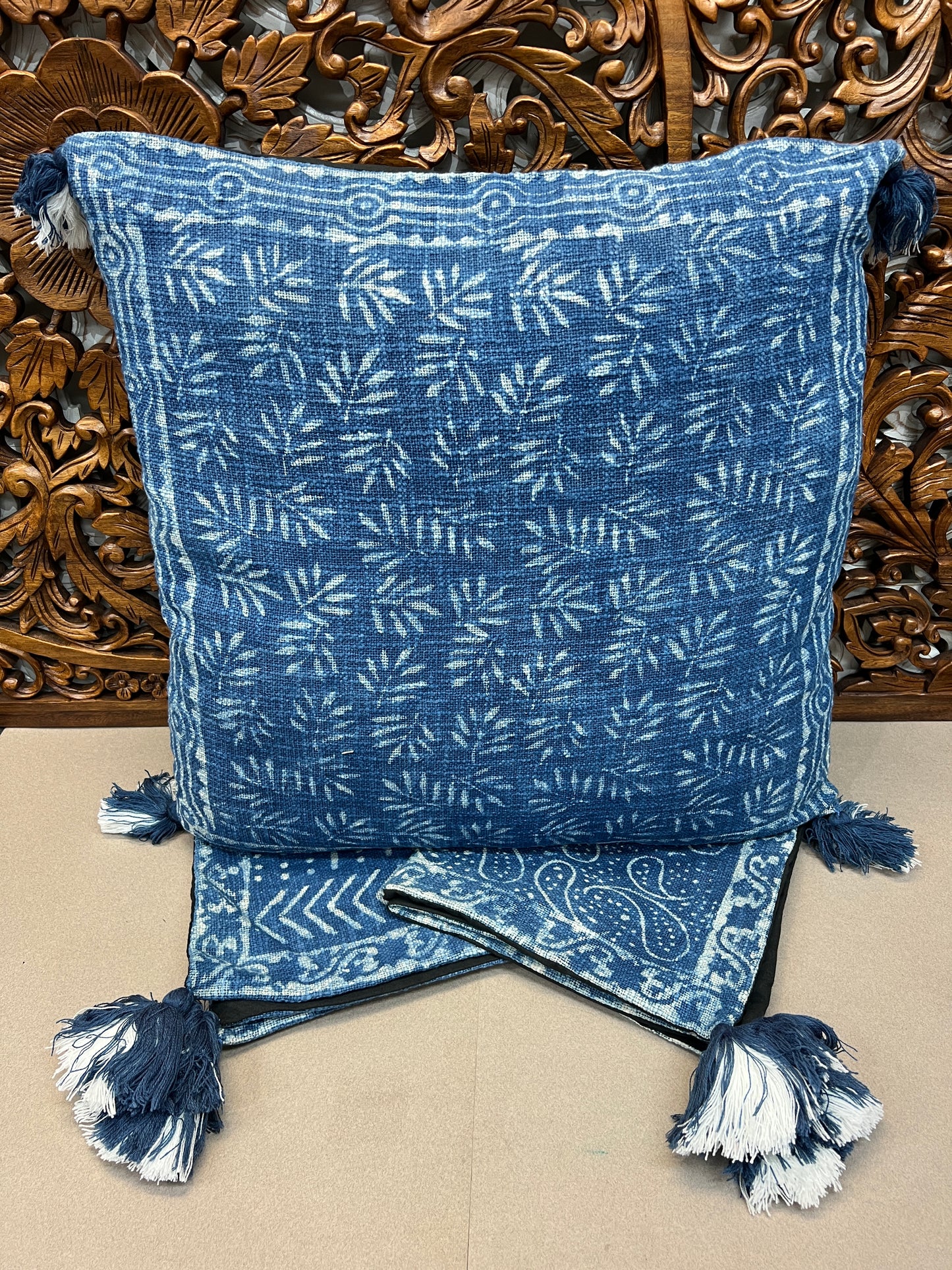 Natural Indigo Block Print Throw Pillows | Square