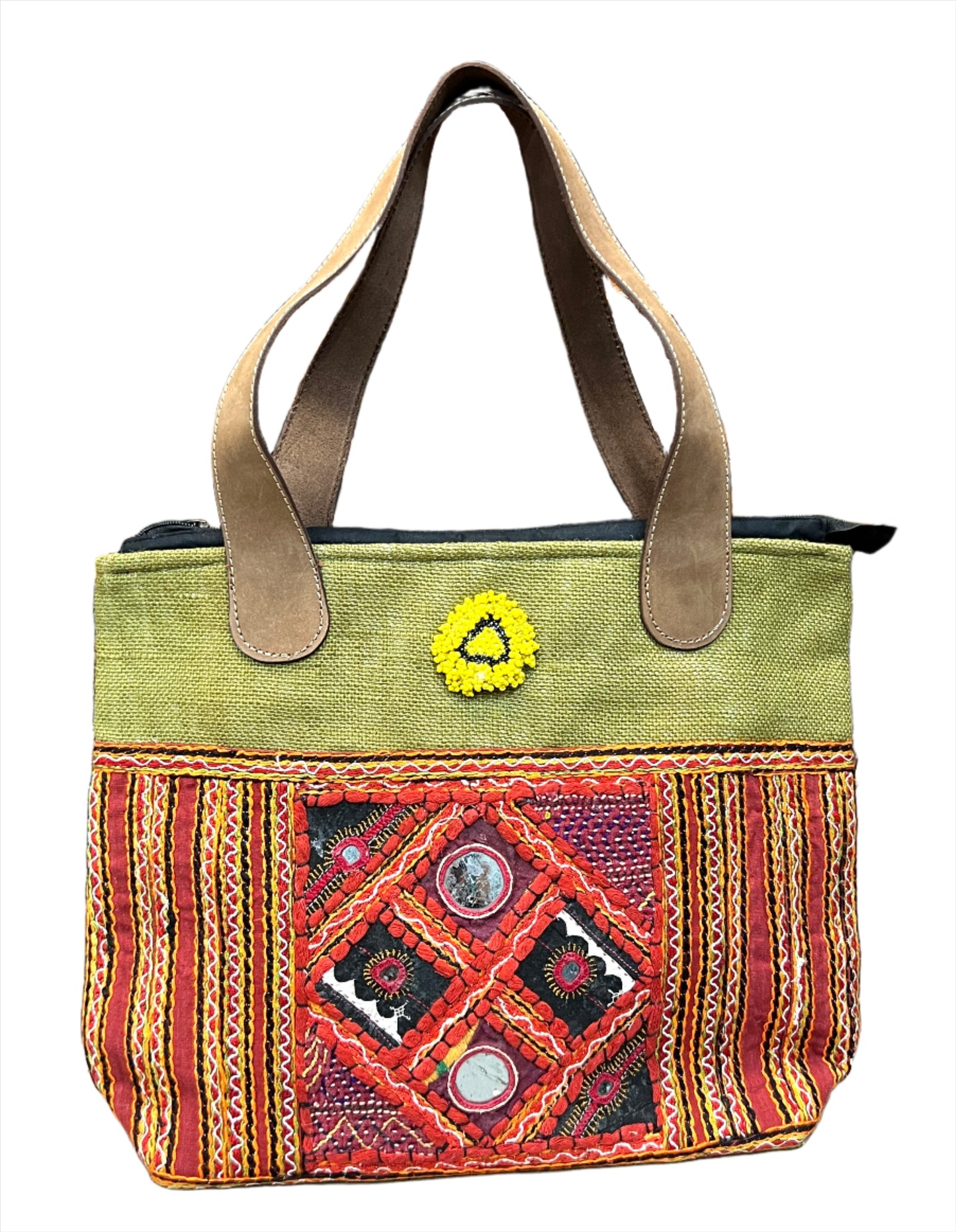 Vegan Leather Embroidered Jute Purse