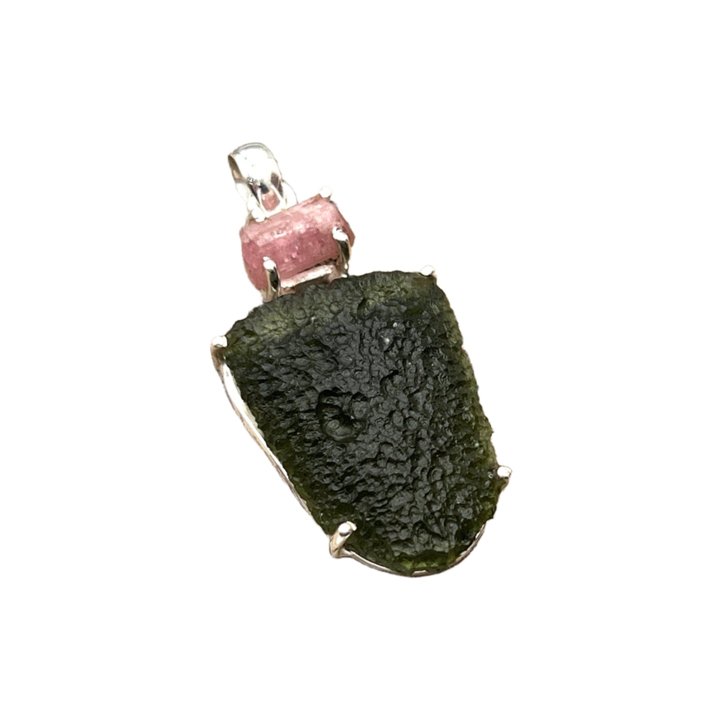Sterling Silver Raw Moldavite with Pink Tourmaline Pendants