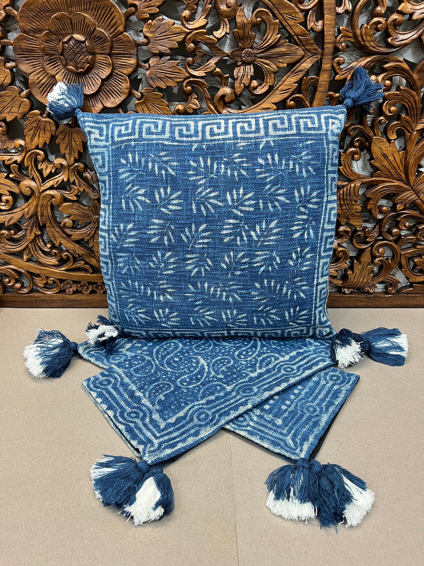 Natural Indigo Block Print Throw Pillows | Square