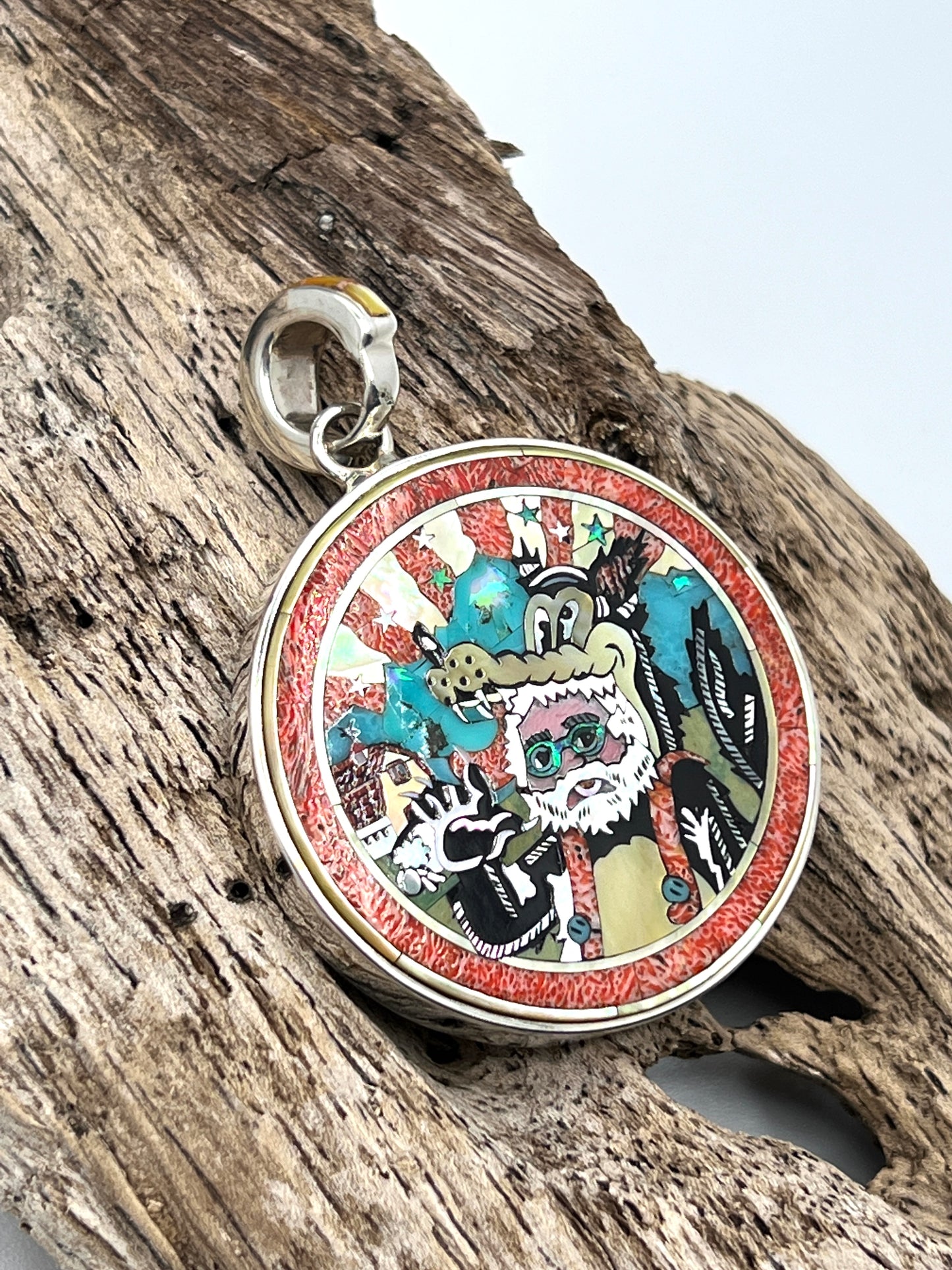 Rare Inlaid Gemstone Jerry in Wolves Clothes Pendant by David Freeland