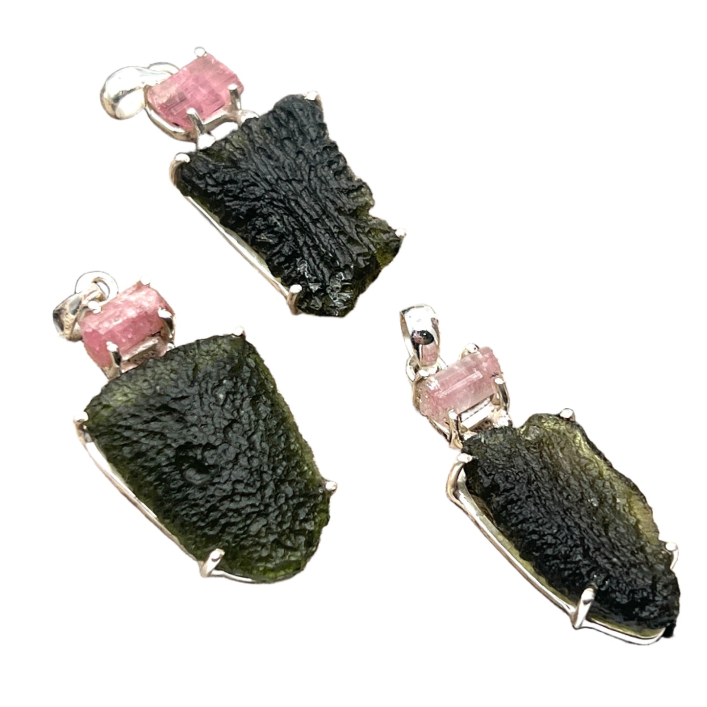 Sterling Silver Raw Moldavite with Pink Tourmaline Pendants