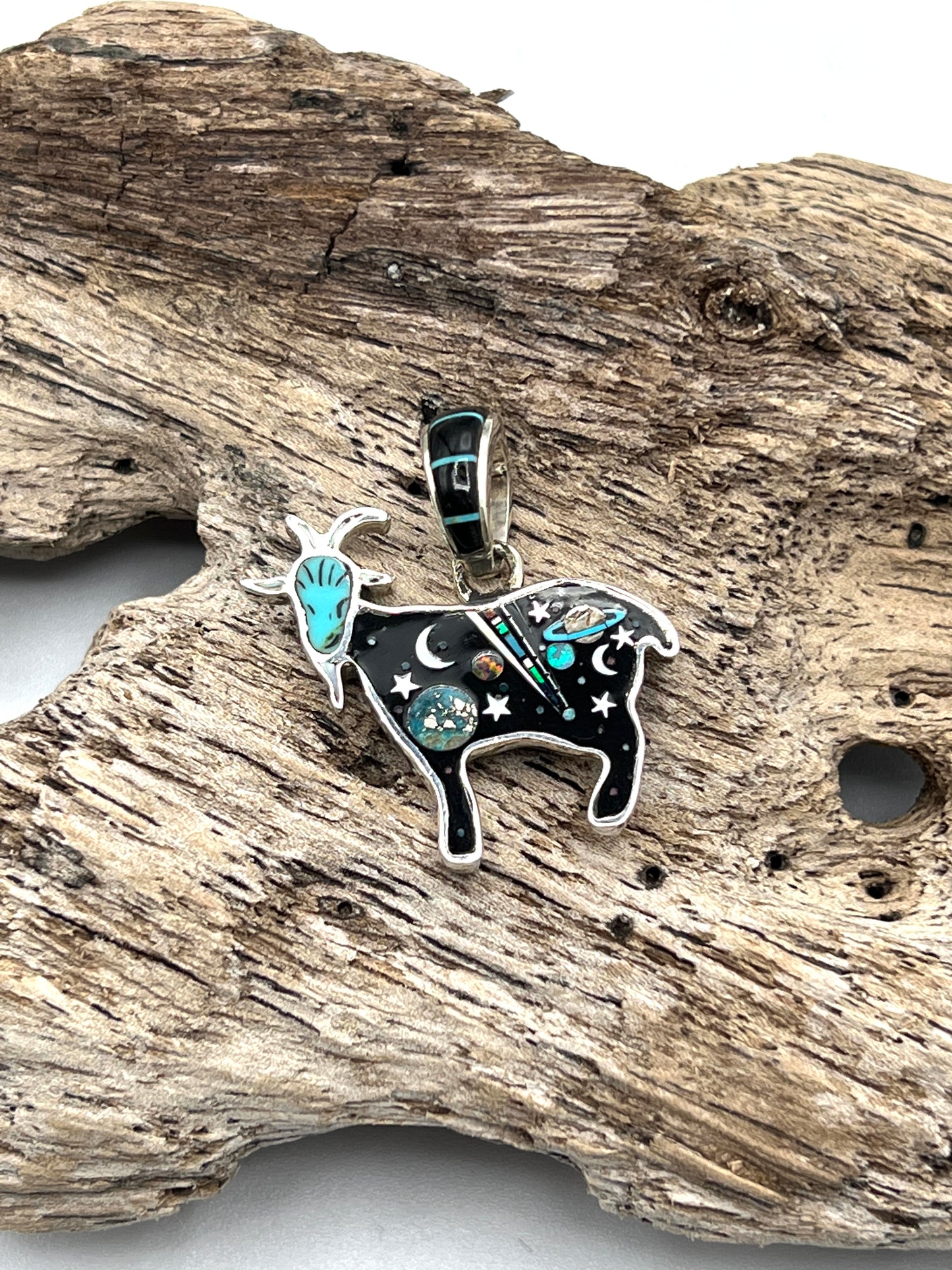 Rare Inlaid Gemstone Galaxy Goat Pendant by David Freeland