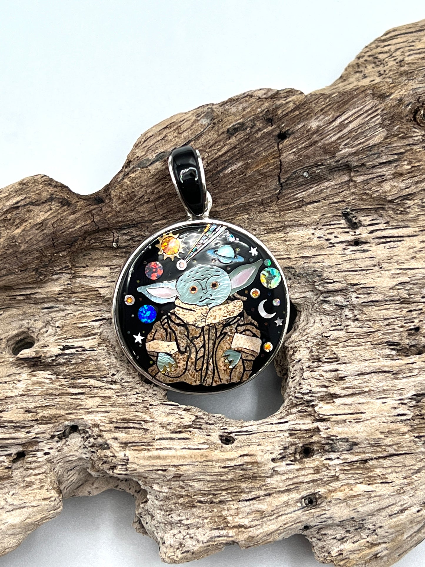 Rare Inlaid Gemstone Grogu Pendant by David Freeland