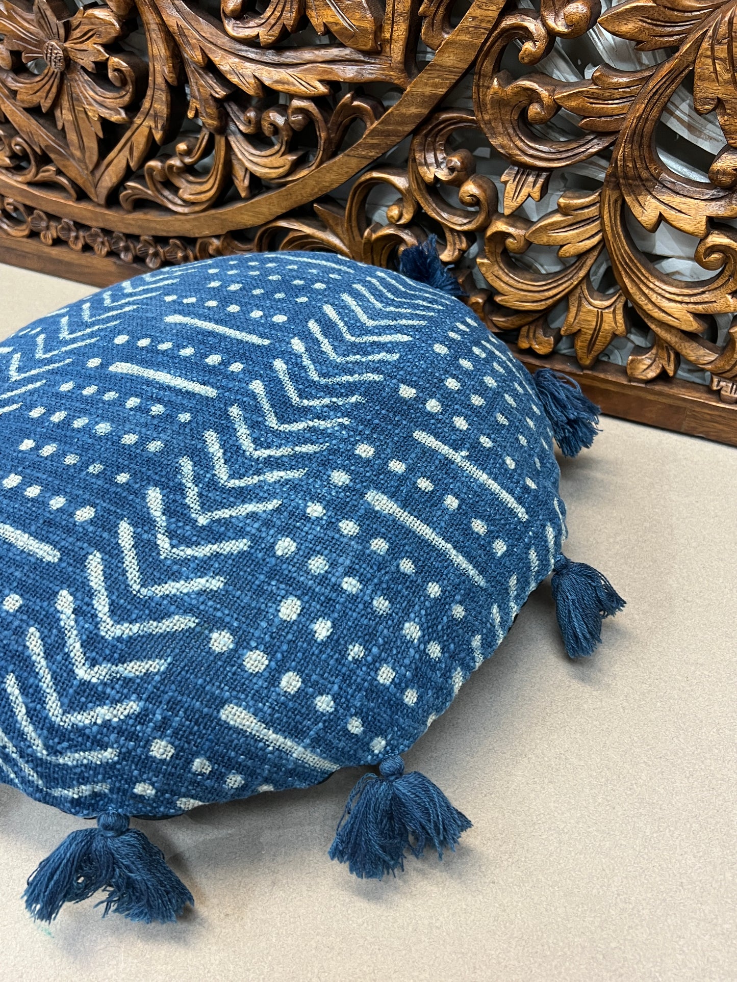 Natural Indigo Block Print Throw Pillows | Round