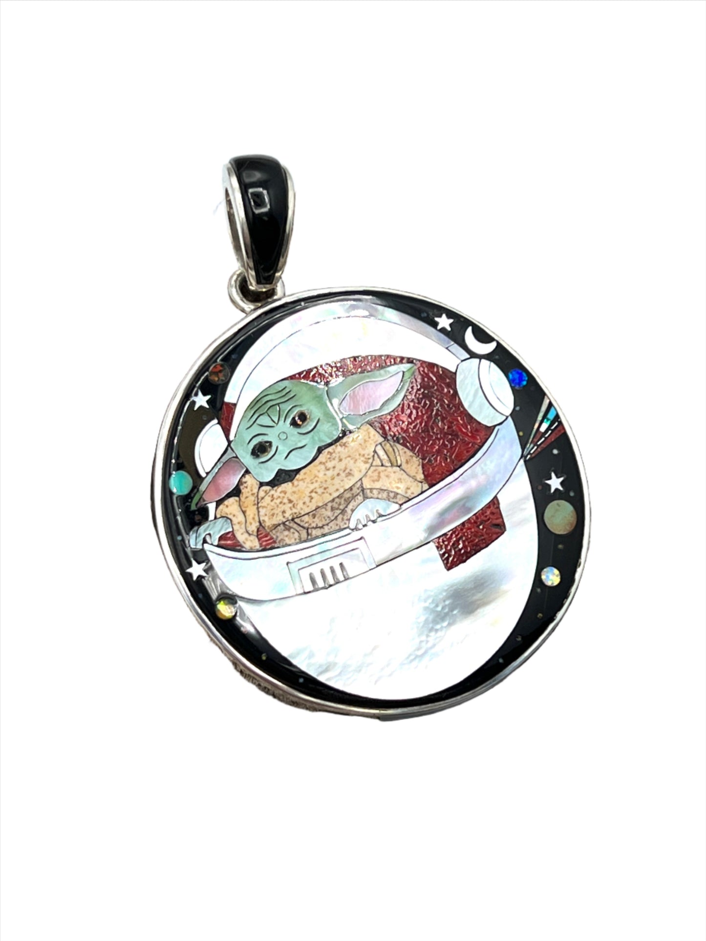 Rare Inlaid Gemstone Pod Grogu Pendant by David Freeland