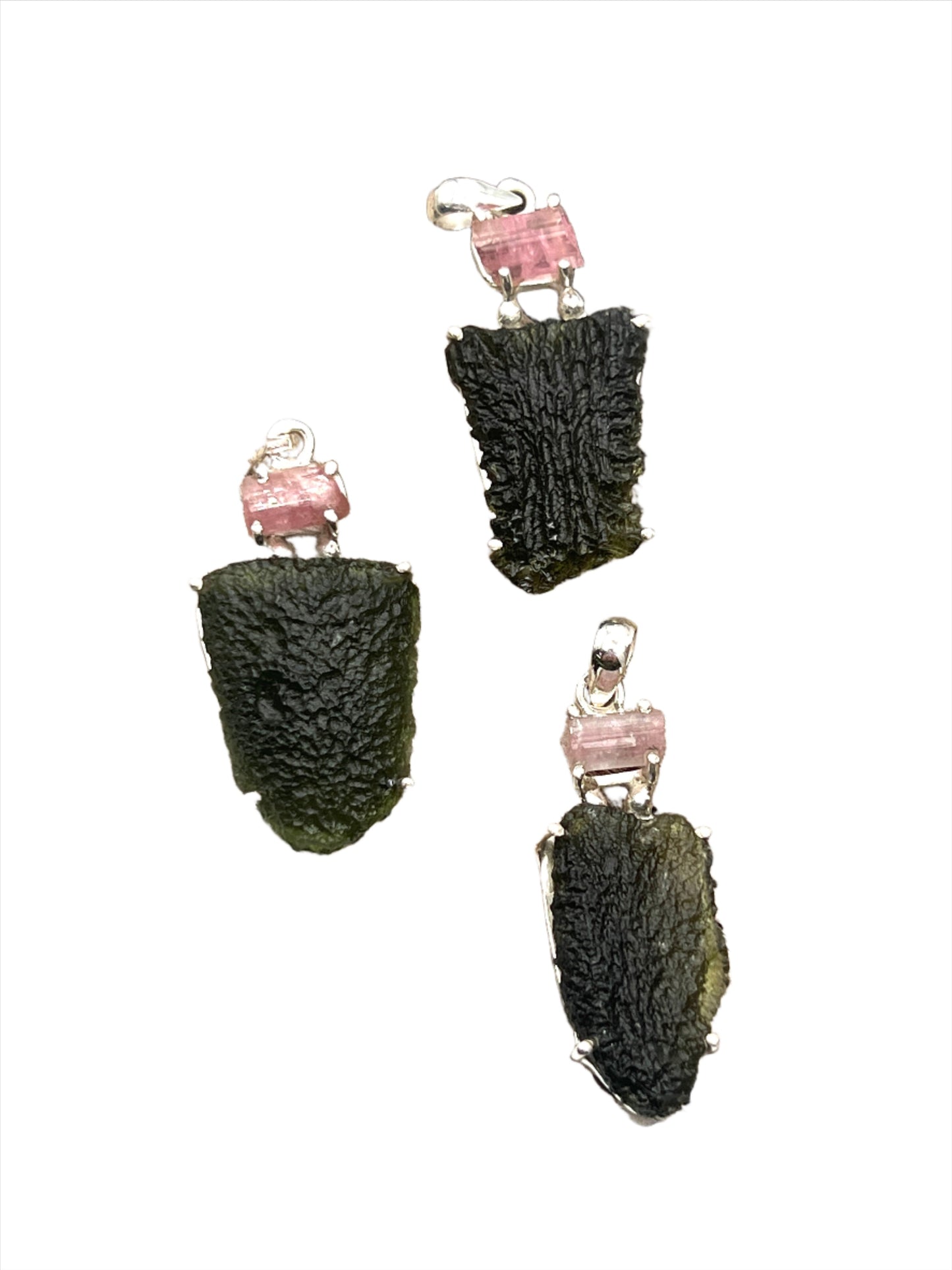 Sterling Silver Raw Moldavite with Pink Tourmaline Pendants