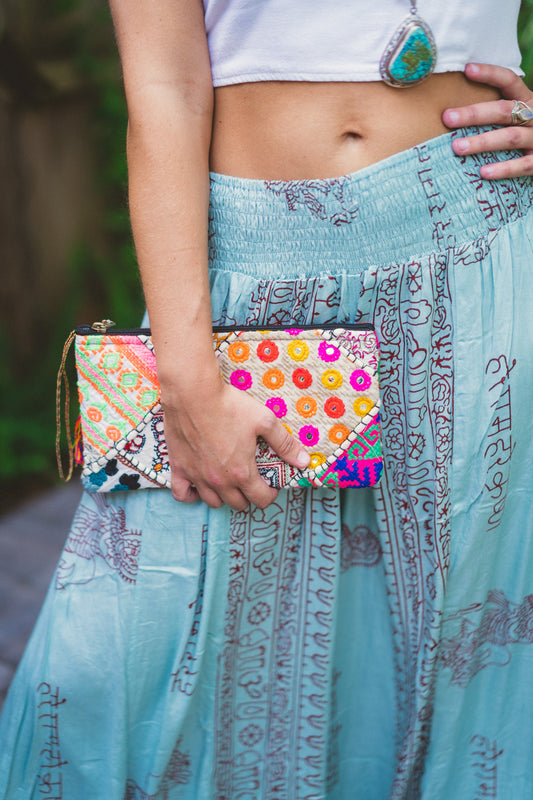 Rectangle Recycled Hand Embroidered Rajasthani Zipper Bag | Tassel