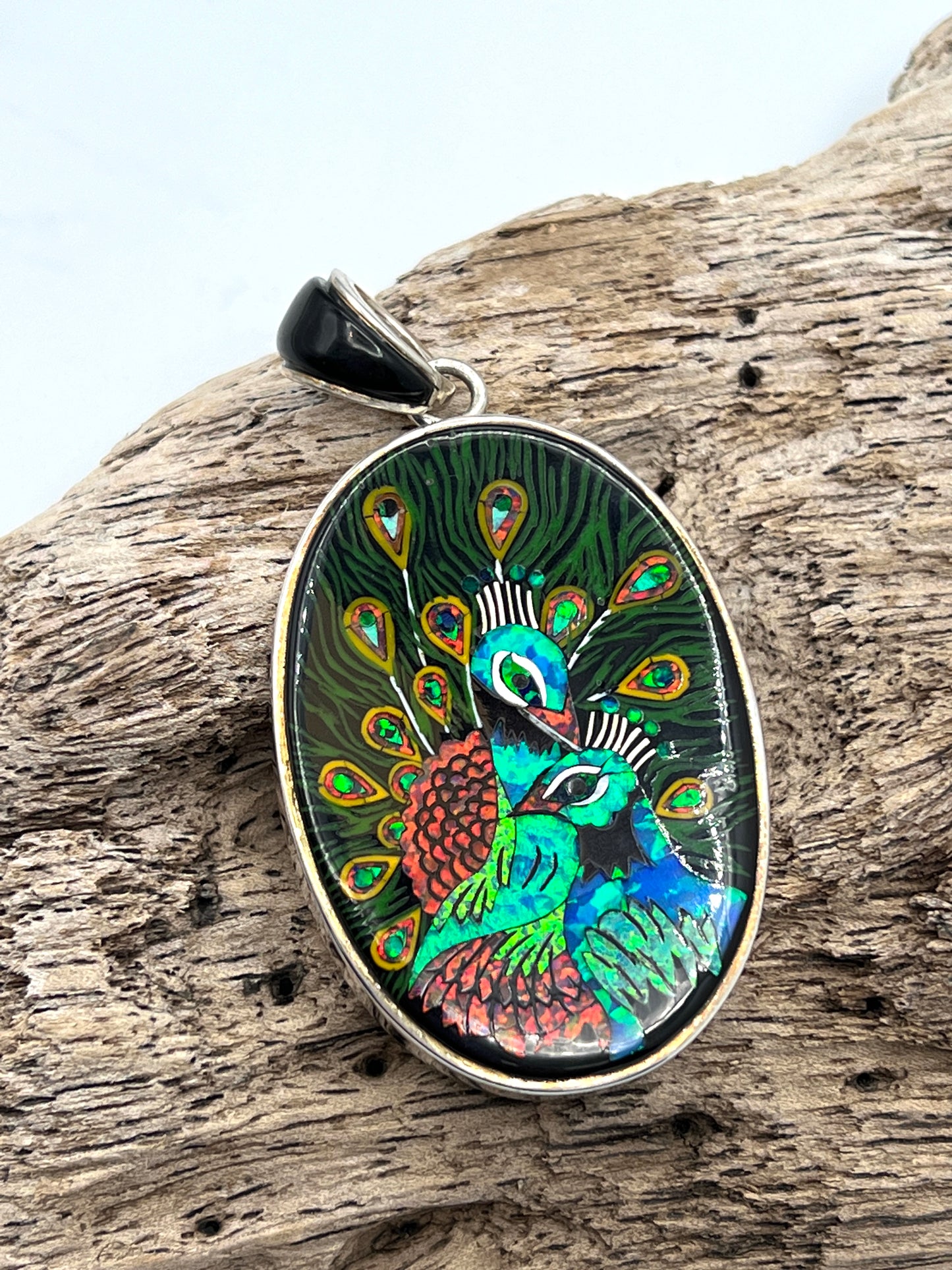 Rare Inlaid Gemstone Peacock Pendant by David Freeland