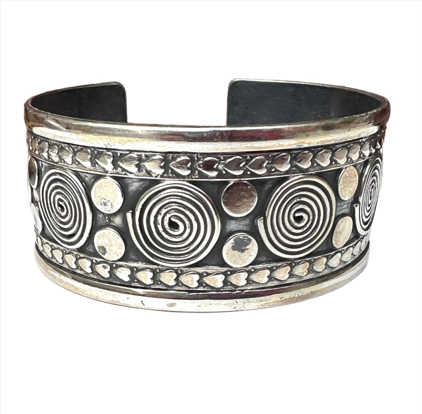 Vintage Rajasthani Sterling Silver Heart Swirl Cuff Bracelet