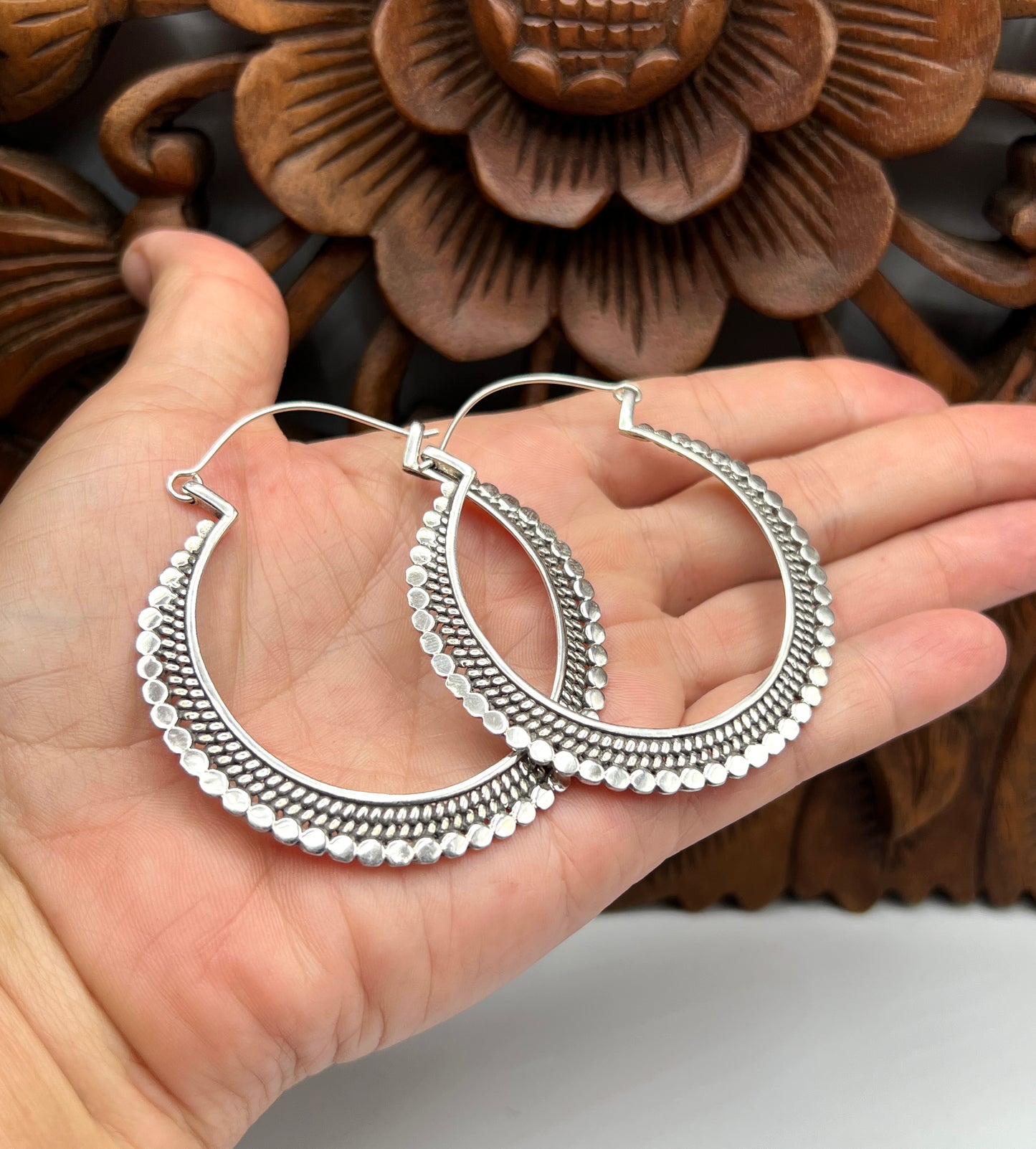 Large Flat Beaded Hoop Earrings
