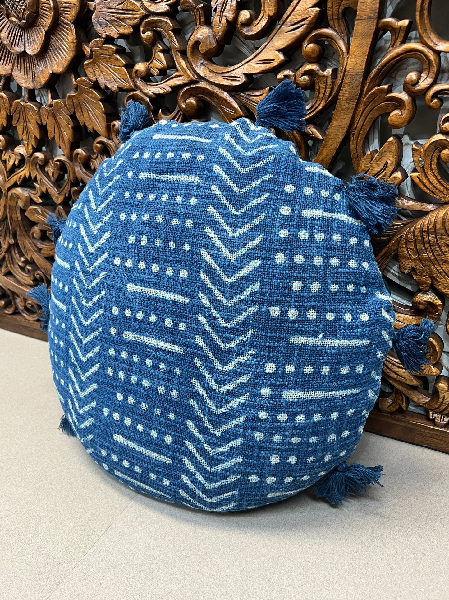 Natural Indigo Block Print Throw Pillows | Round
