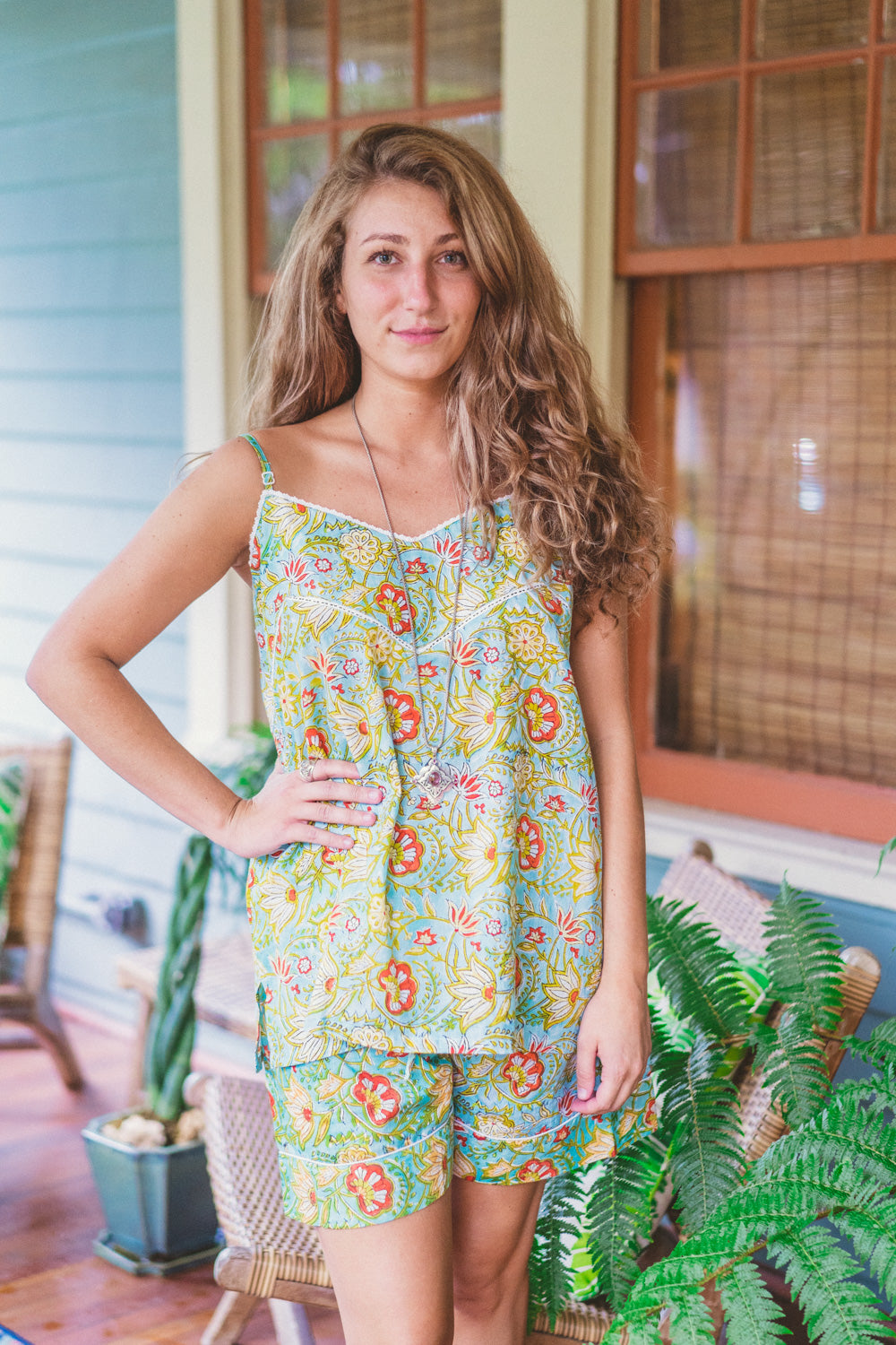 Spaghetti Strap Floral Block Print Pajama Set