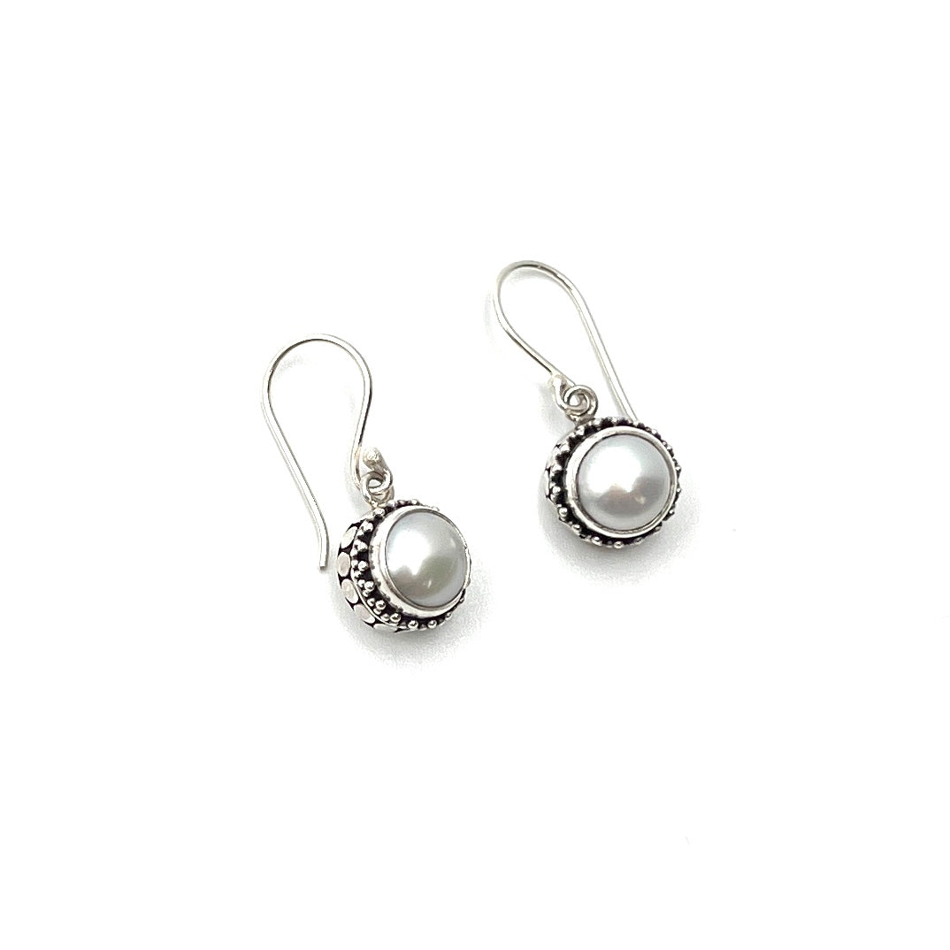 Sterling Silver Filigree Round Pearl Earrings