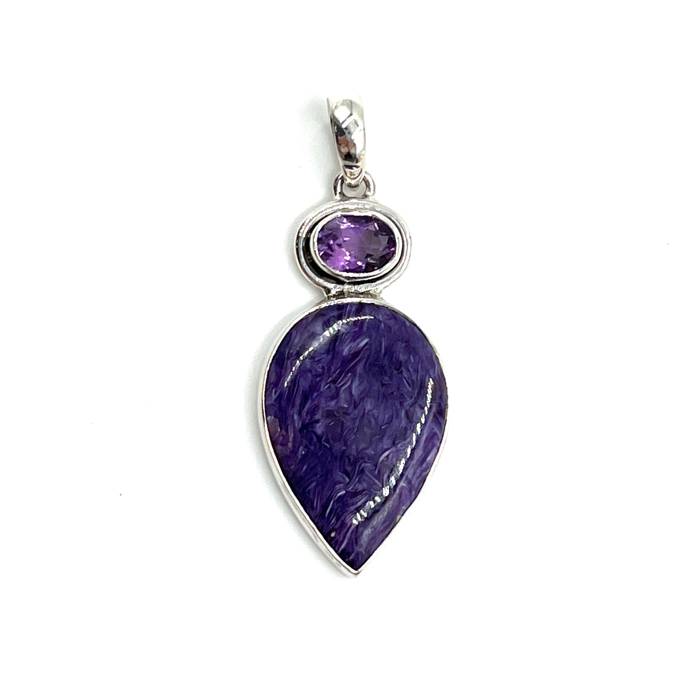 Sterling Silver Amethyst & Charoite Teardrop Pendants