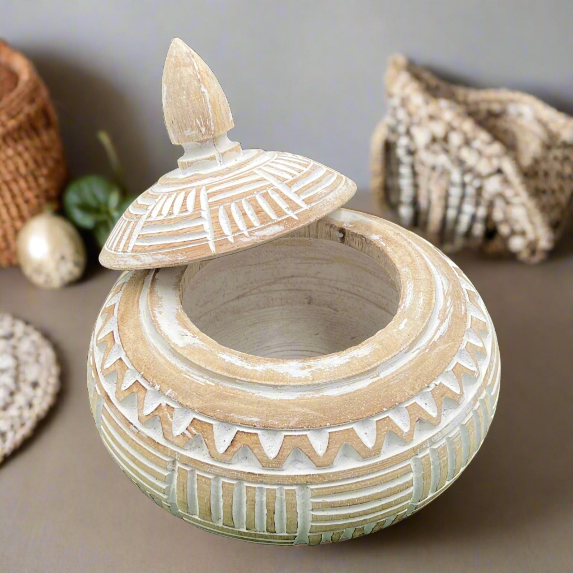 Hand carved white bowl with lid open, front view