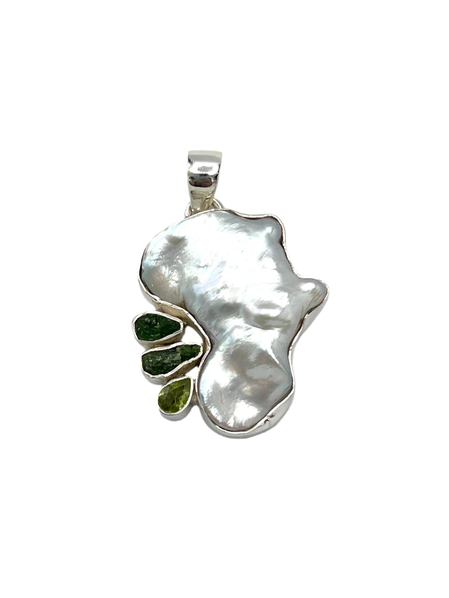 Silver Pearl, Peridot & Green Kyanite Pendants