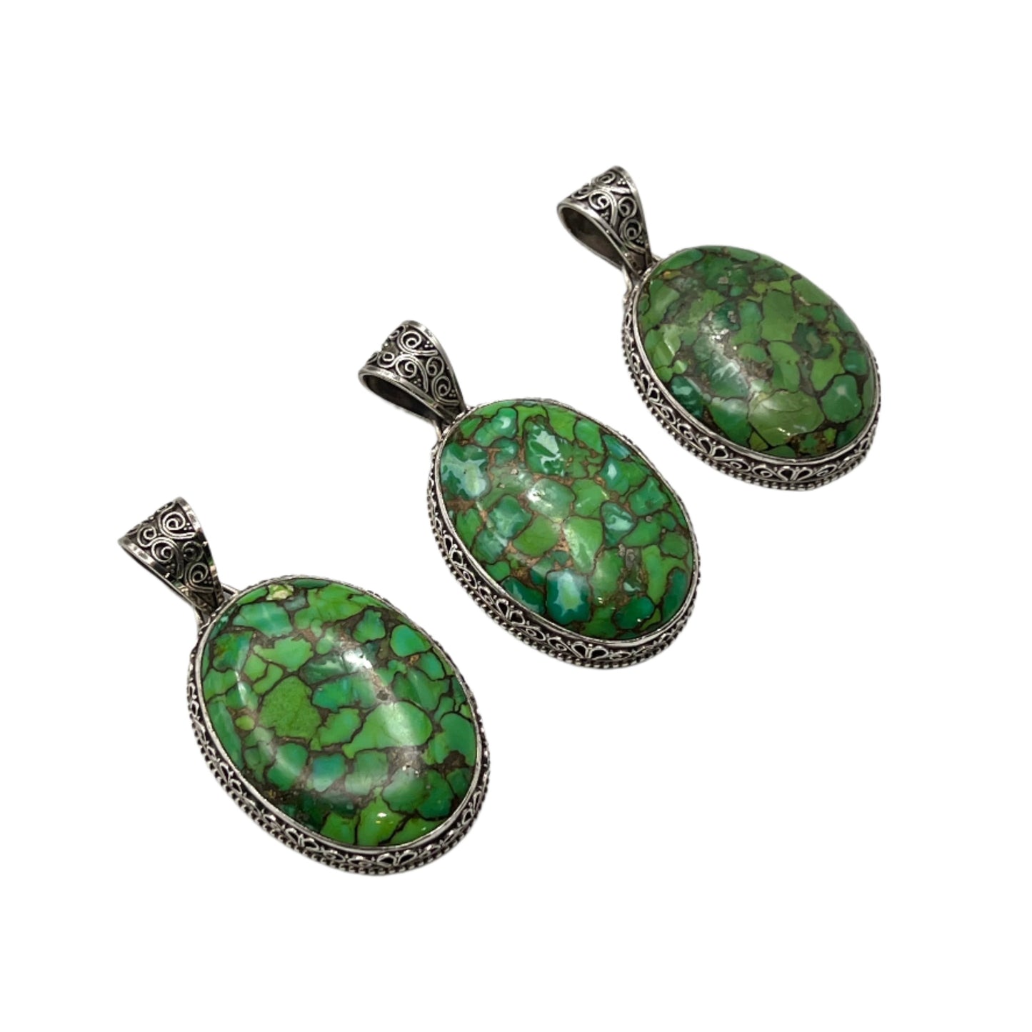 Sterling Silver Filigree Large Green Turquoise Pendants