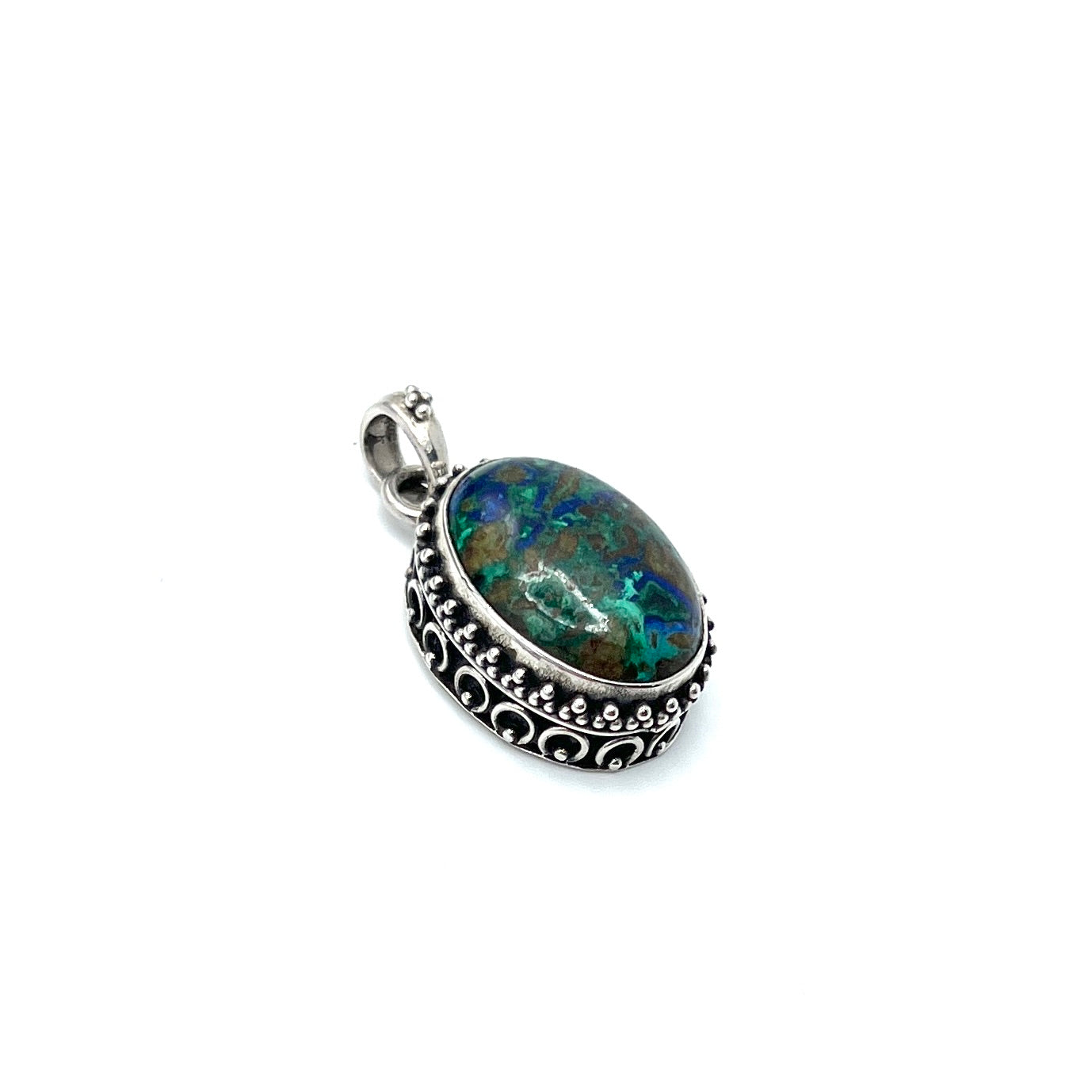 Sterling Silver Beaded Azurite & Malachite Oval Pendants