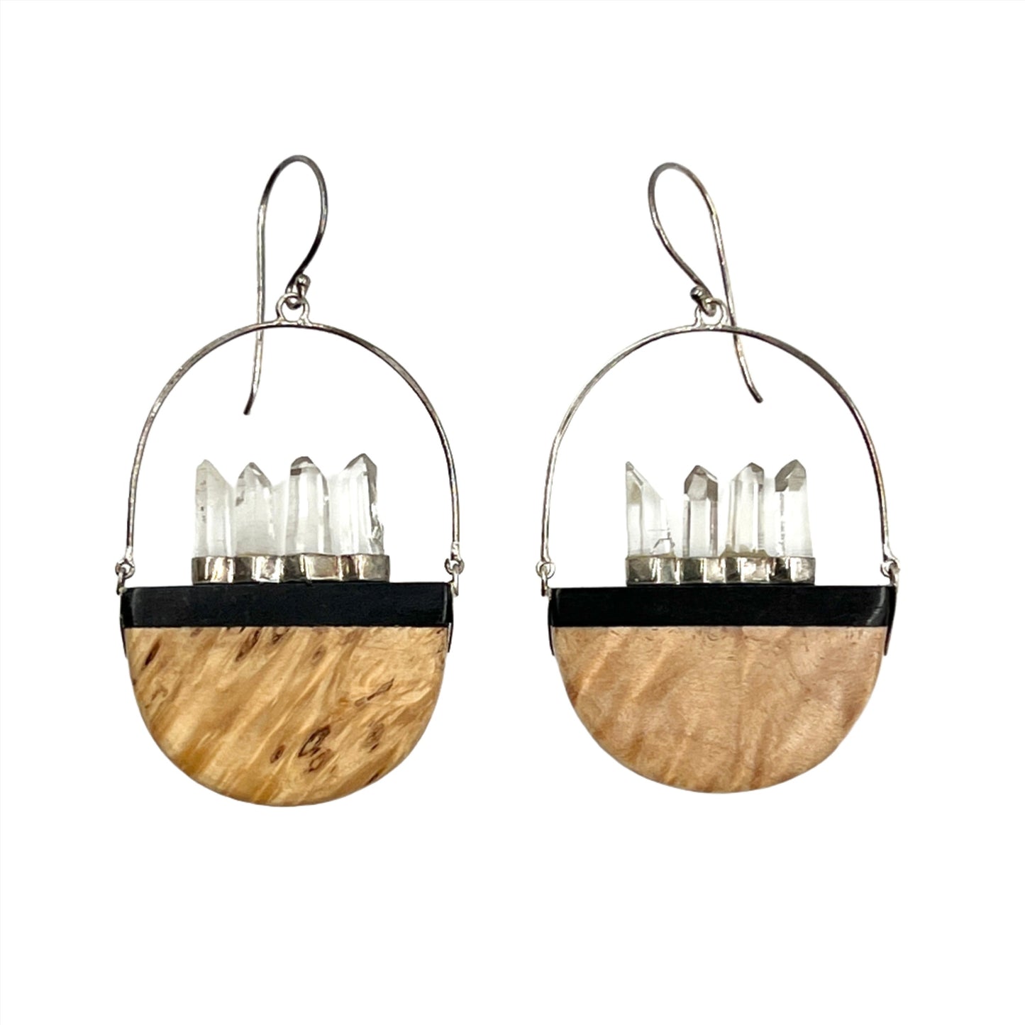 Sterling Silver Clear Quartz & Burl Wood Earrings