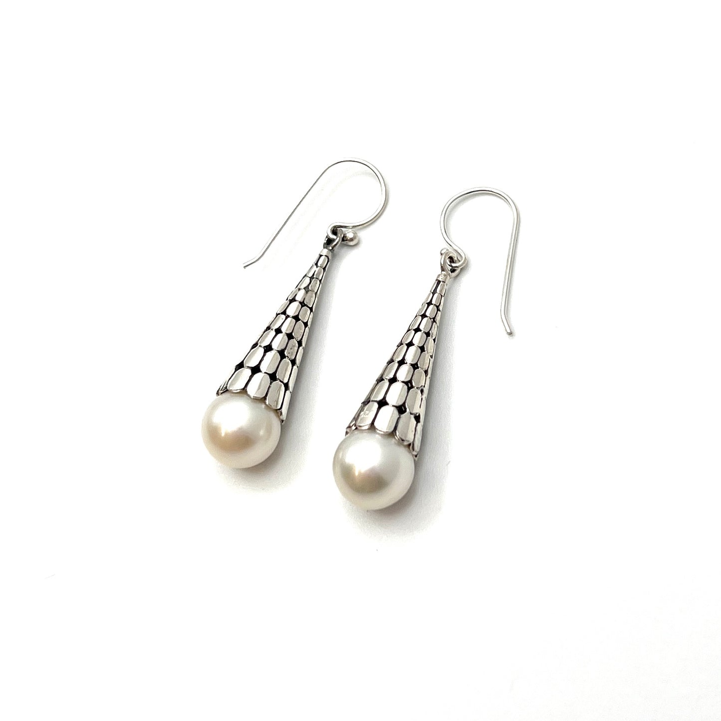 Sterling Silver Flat Beaded Drop Pearl Earrings