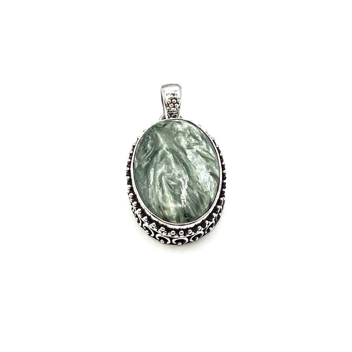 Sterling Silver Beaded Seraphinite Oval Pendants