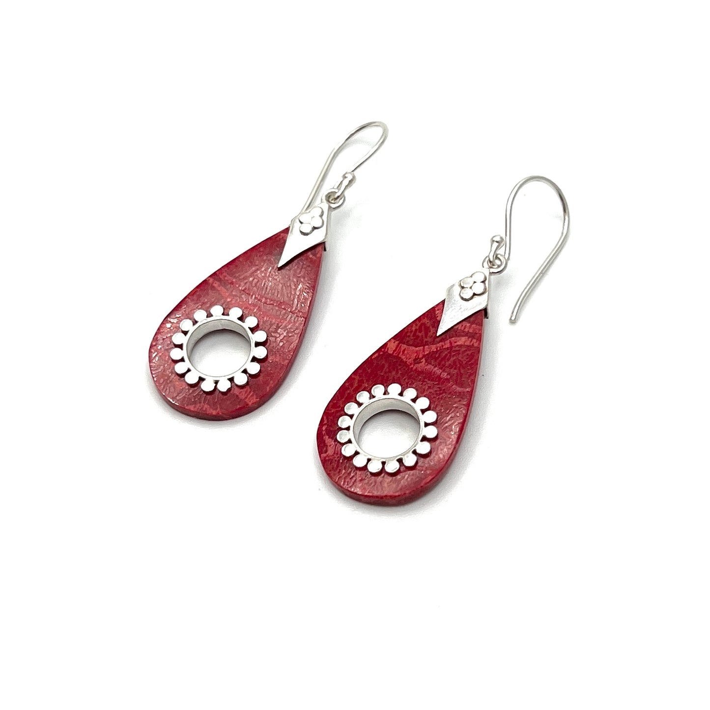 Sterling Silver Red Coral Teardrop Earrings