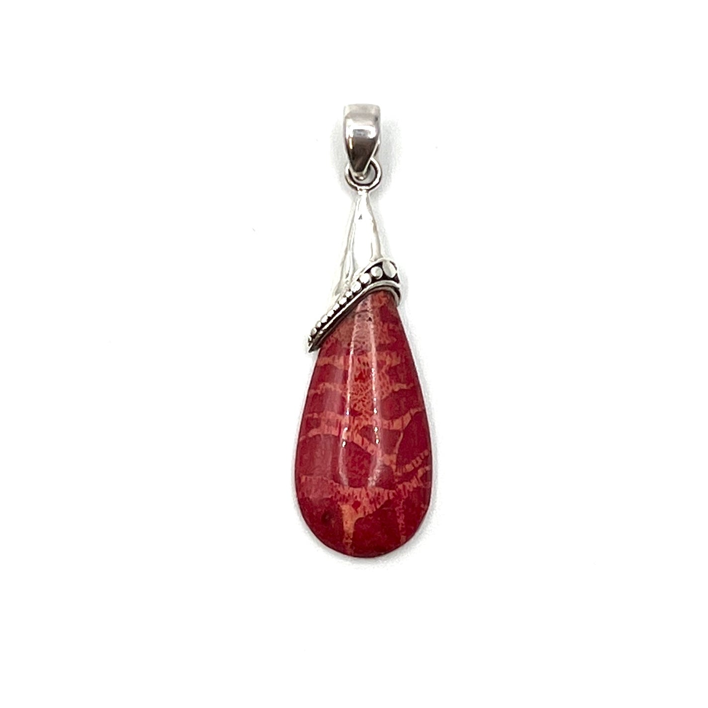 Sterling Silver Red Coral Beaded Teardrop Pendant