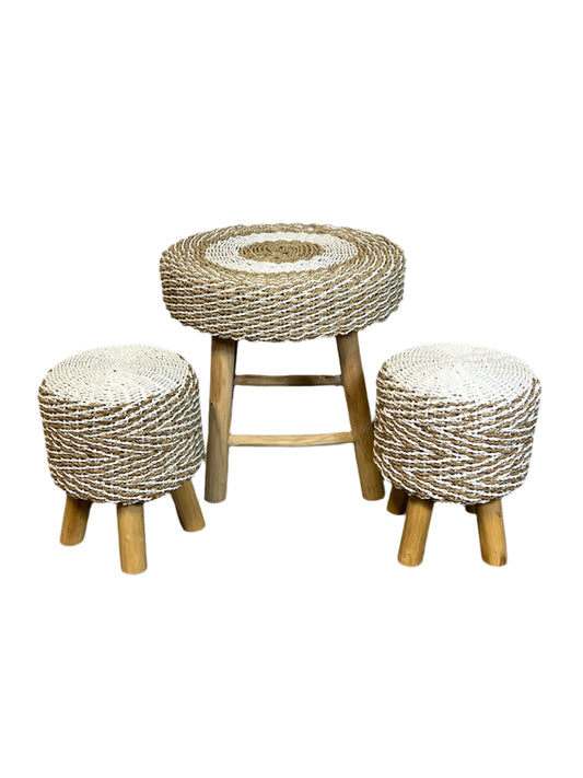 Teakwood & Rattan Table & Stool Sets