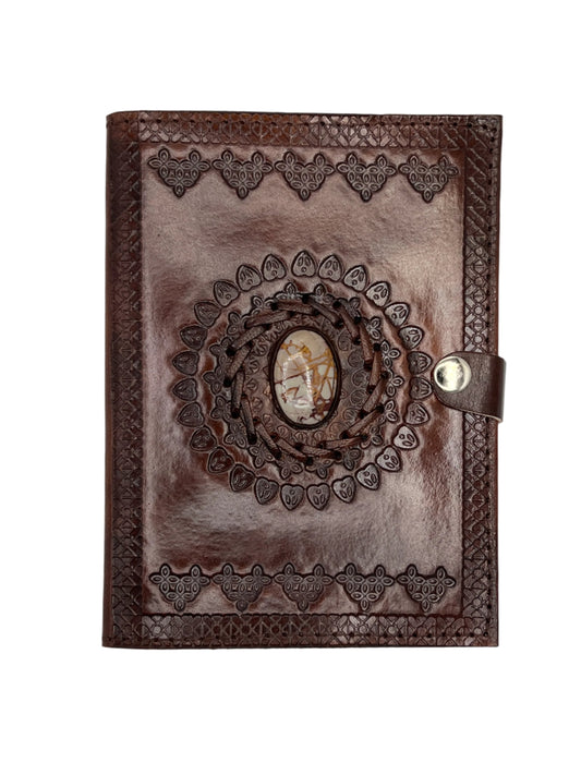 Camel Leather Gemstone Journal | Leaf Mandala | 7" x 5" x 1/2"