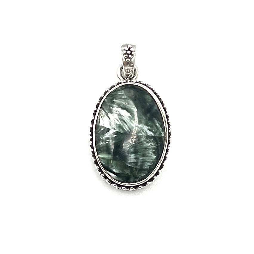 Sterling Silver Beaded Seraphinite Oval Pendants