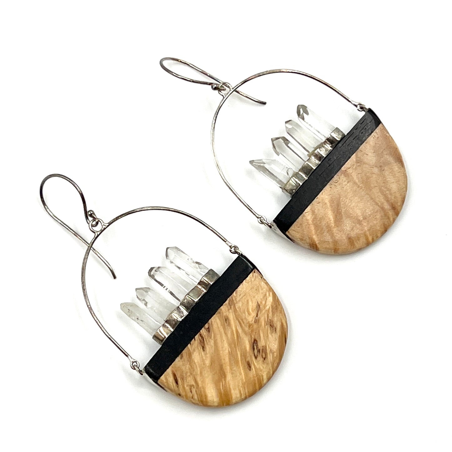 Sterling Silver Clear Quartz & Burl Wood Earrings