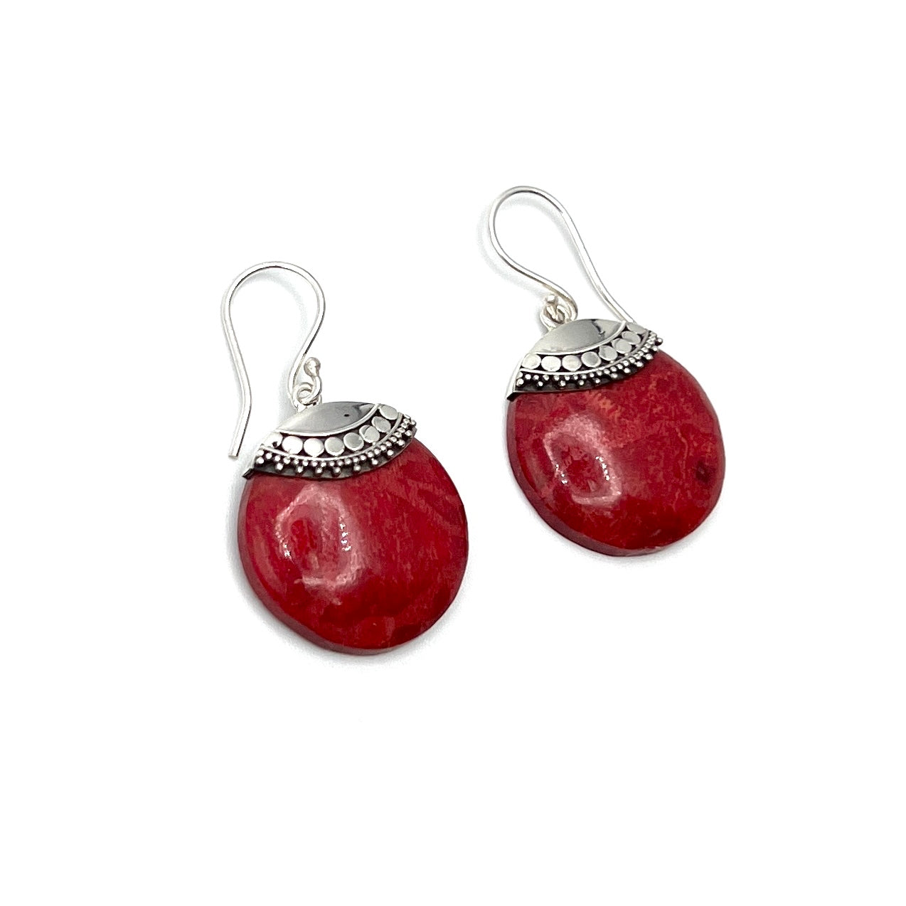 Sterling Silver Red Coral Beaded Circle Earrings