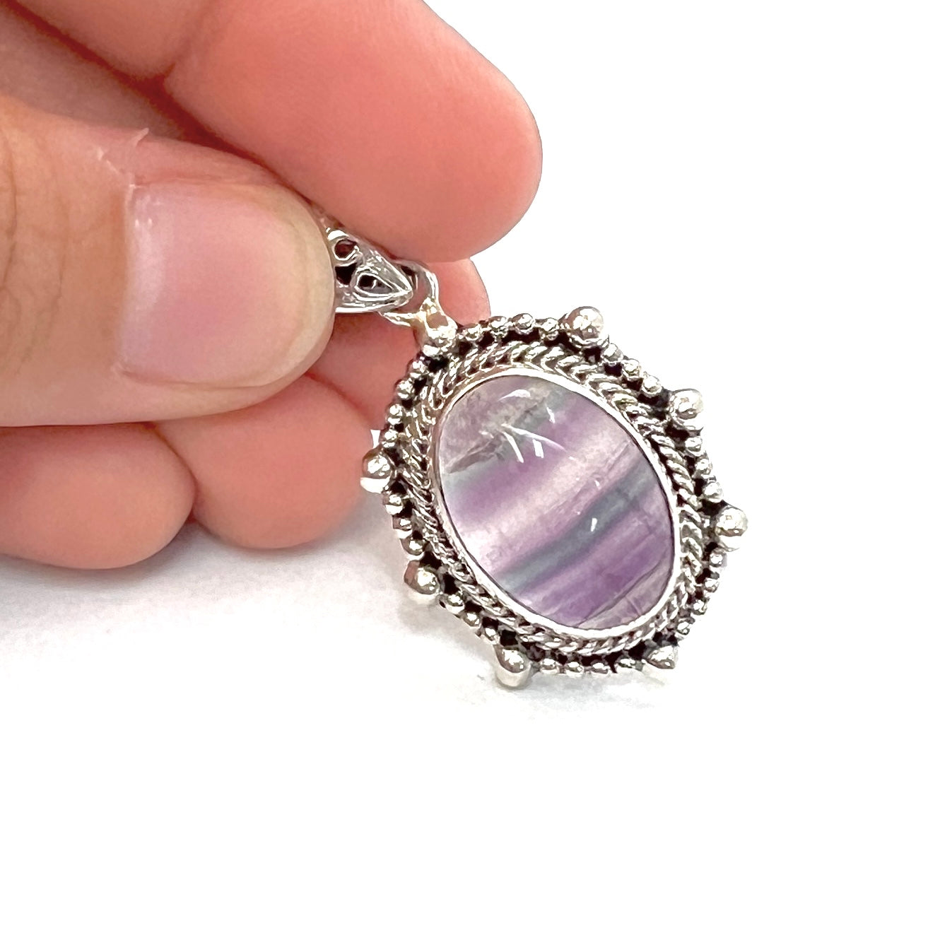 Sterling Silver Beaded Fluorite Oval Pendants