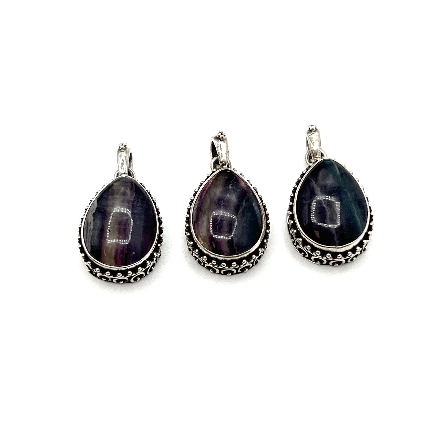 Sterling Silver Beaded Fluorite Teardrop Pendants