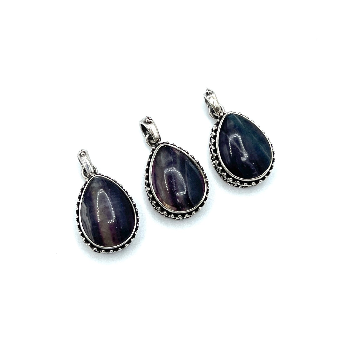 Sterling Silver Beaded Fluorite Teardrop Pendants