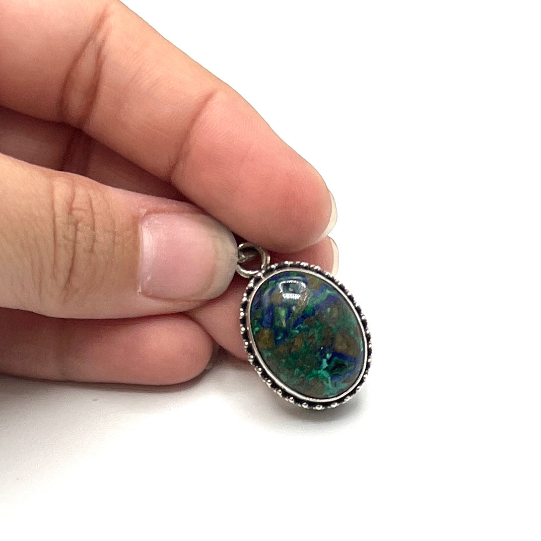 Sterling Silver Beaded Azurite & Malachite Oval Pendants