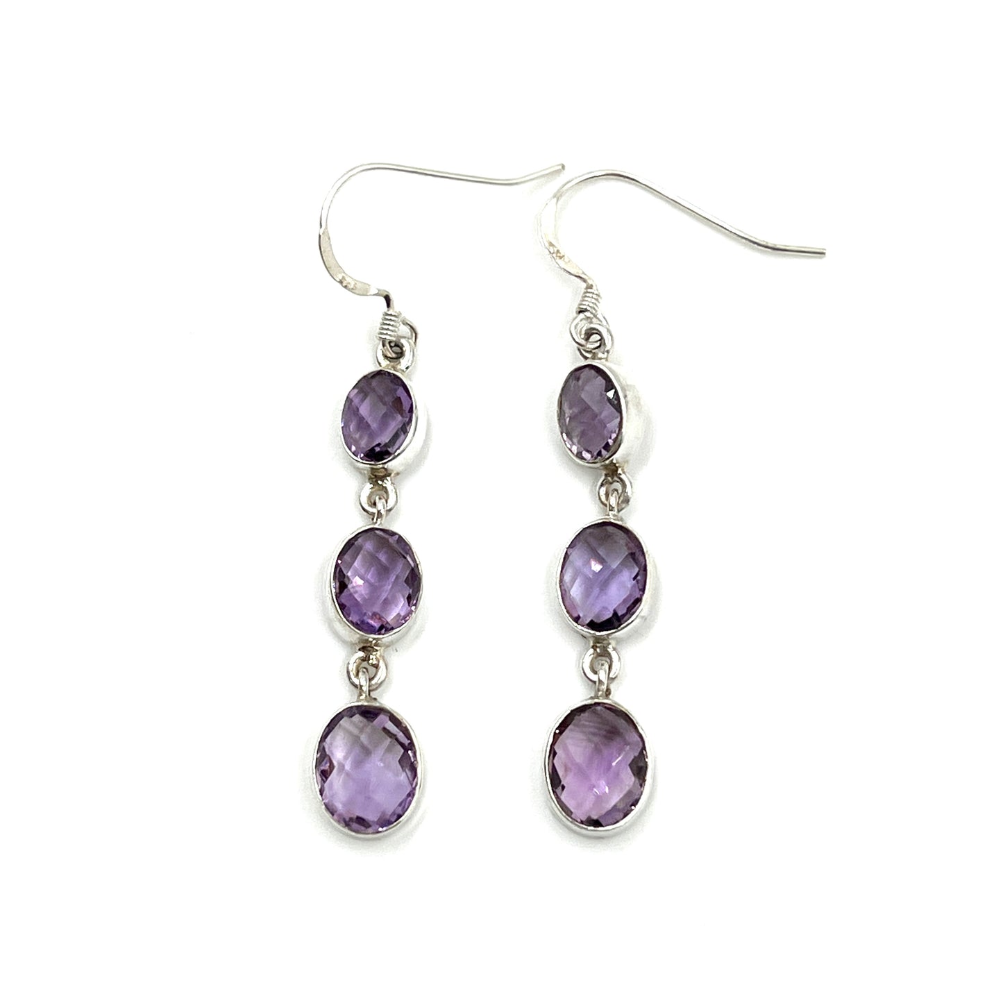 Sterling Silver Faceted Triple Amethyst Earrings