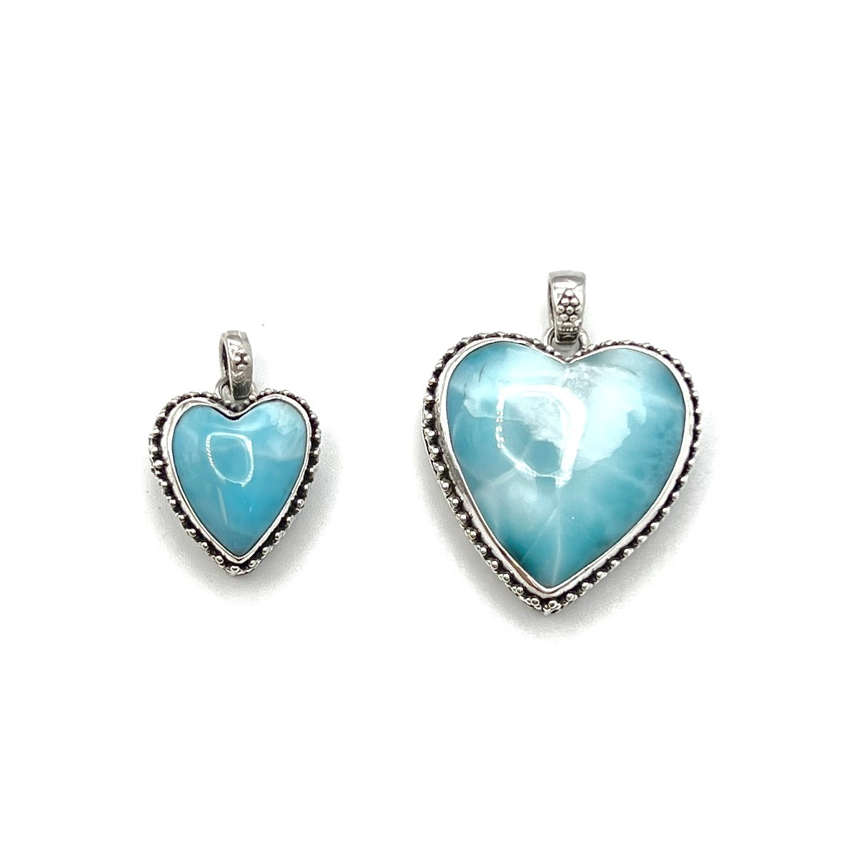 Sterling Silver Beaded Larimar Heart Pendants