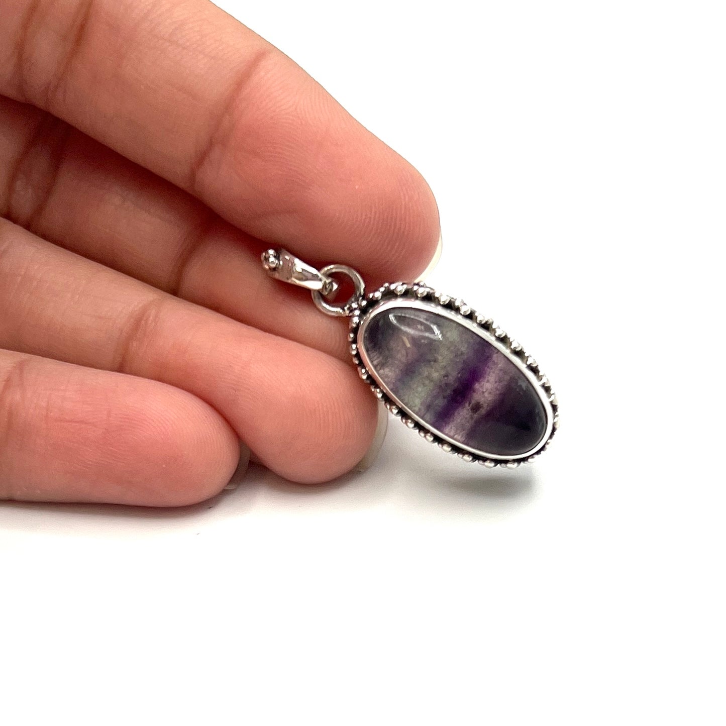 Sterling Silver Beaded Fluorite Oval Pendants