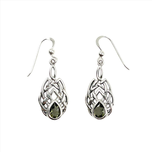 Sterling Silver Moldavite Celtic Knot Earrings