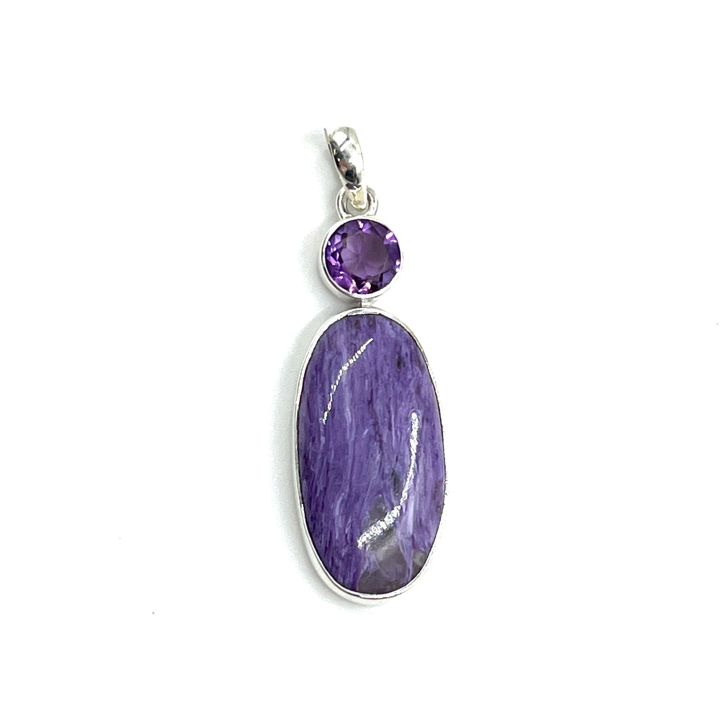 Sterling Silver Amethyst & Charoite Oval Pendants