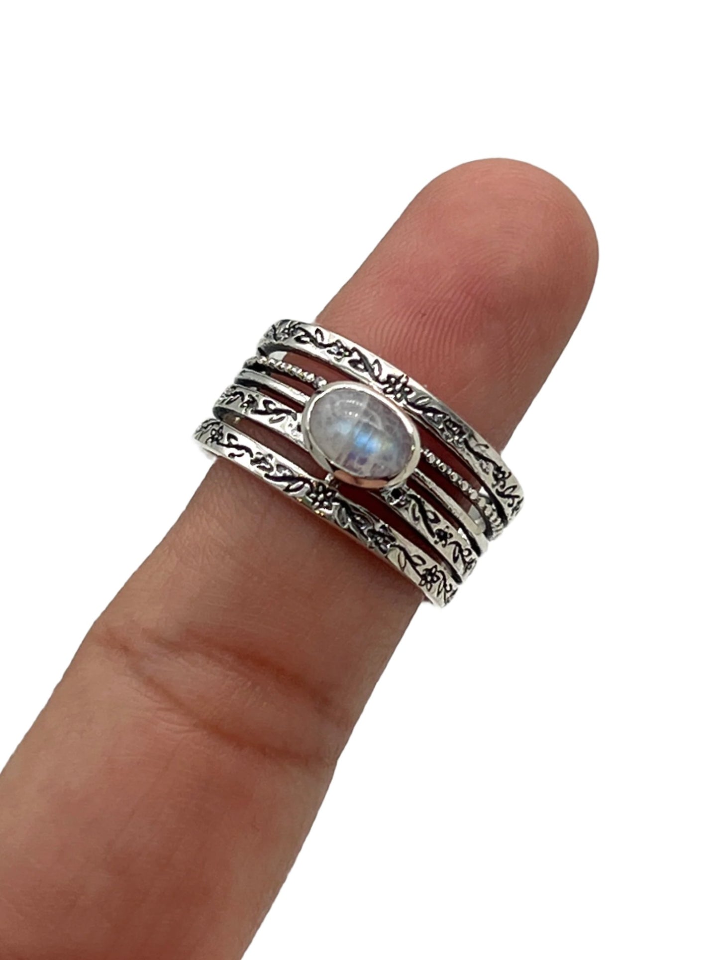 Sterling Silver Oval Moonstone Flower Band Ring