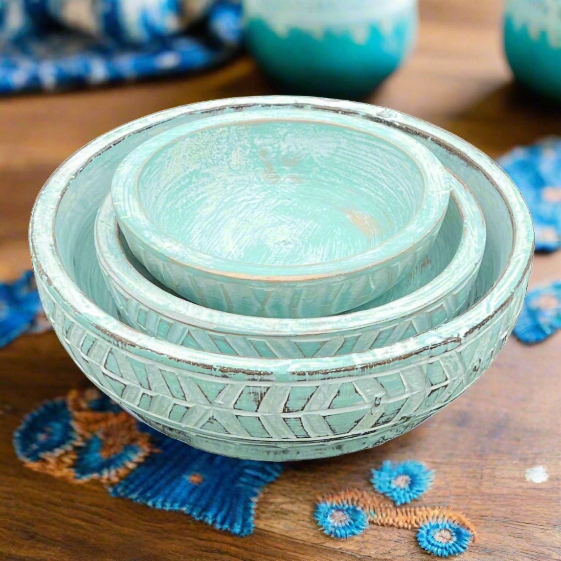 Geometric Blue Wood carved bowls 3 sets