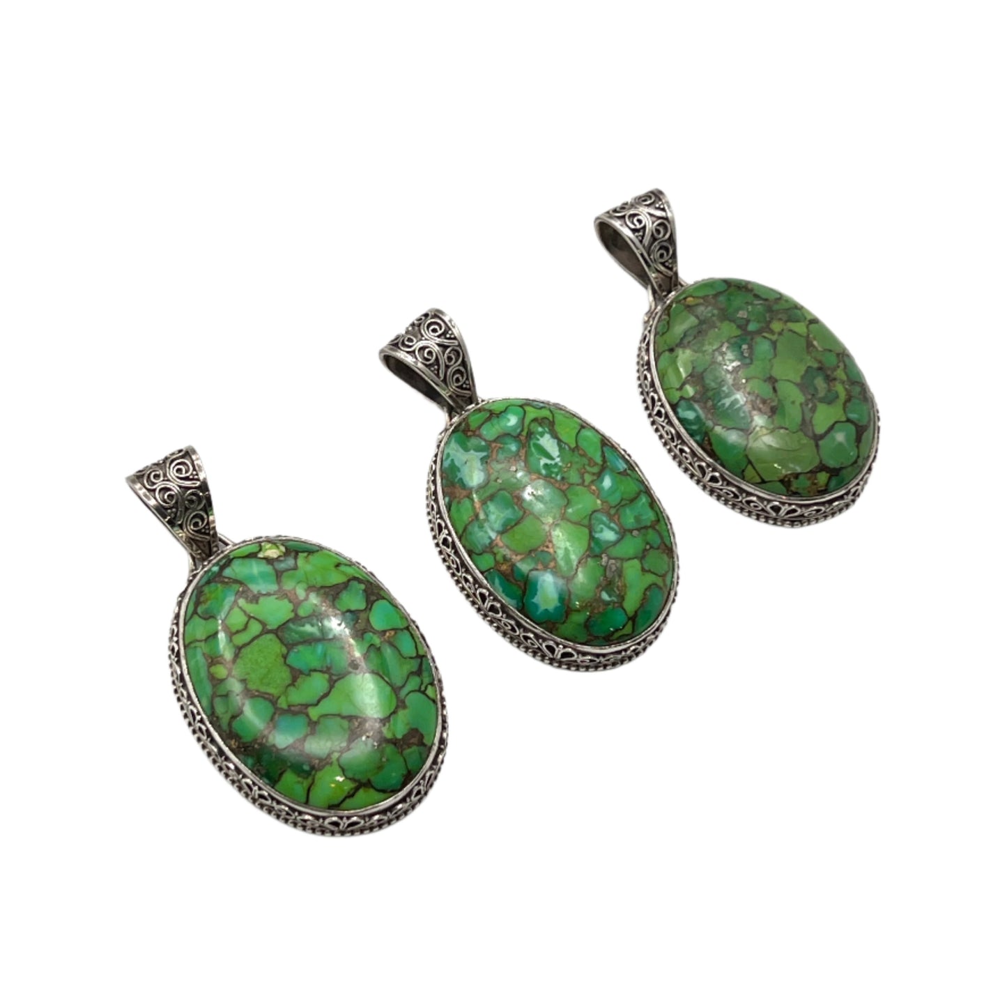 Sterling Silver Filigree Large Green Turquoise Pendants