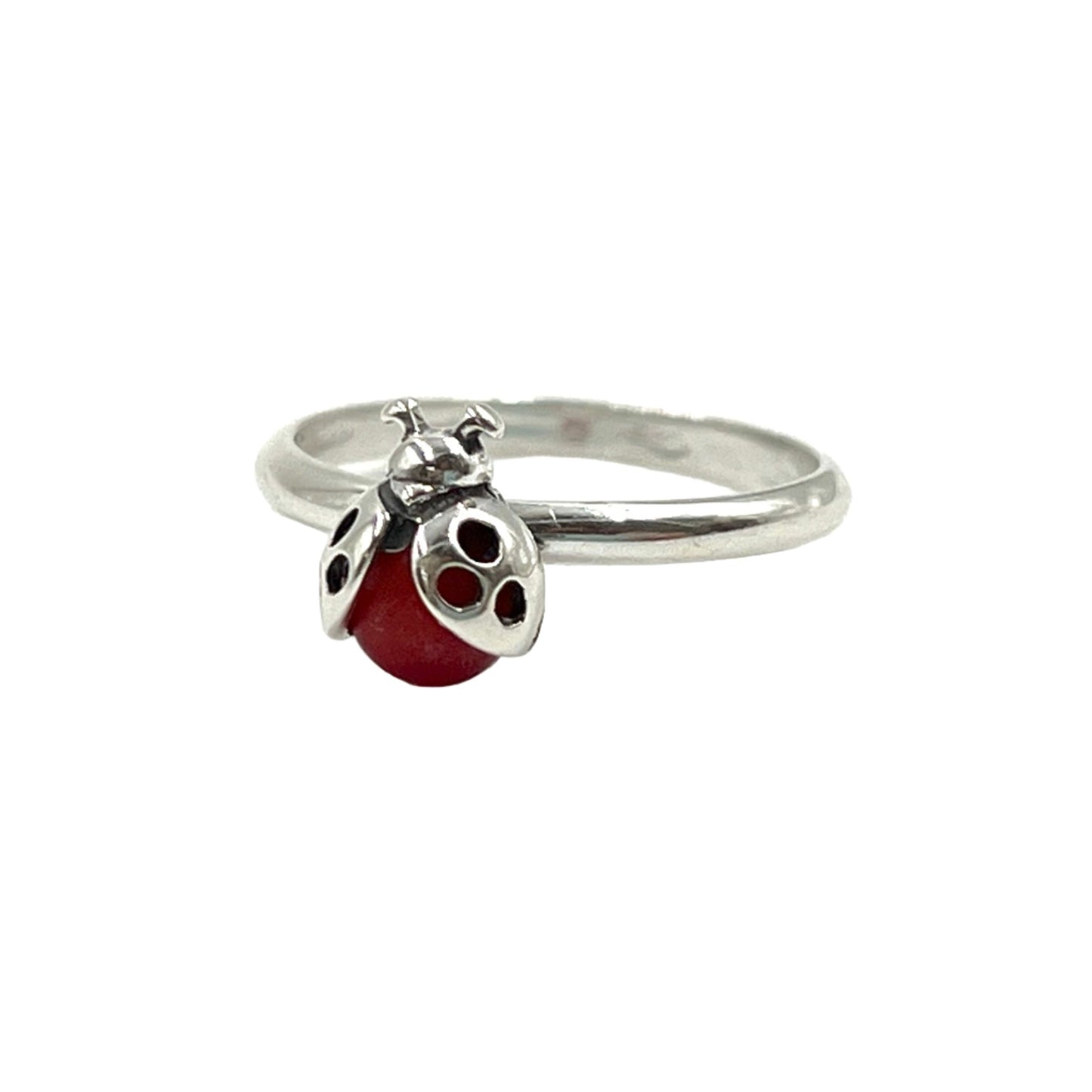 Coral LadyBug Sterling Silver Ring