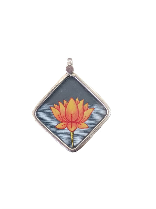 Sterling Silver Hand-painted Lotus Flower Pendant - Diamond Shaped