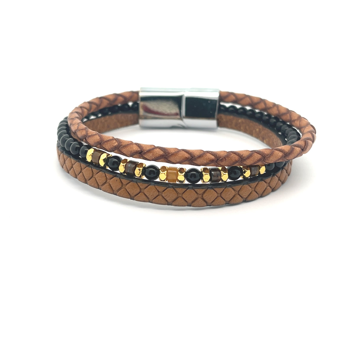 Multi-Strand Braided Leather and Black Onyx Beaded Bracelet